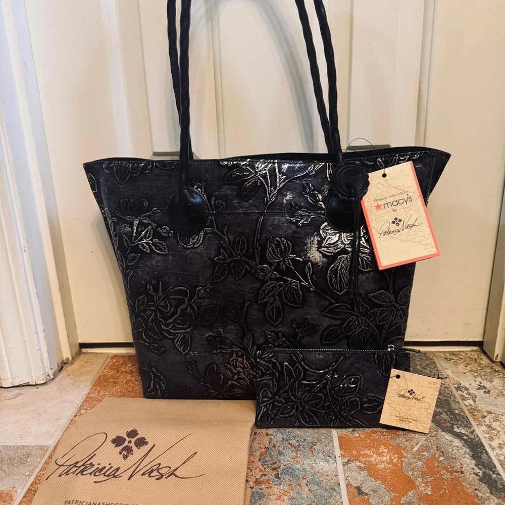 NWT! Elegant Patricia Nash Eastleigh Blackw/Silver Leaf Embossed Leather Tote! - Picture 2 of 15